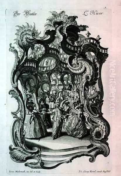 Winter, rococo music sheet depicting a fancy dress ball, pub. by Johann Georg Hertel, 1750-60 - view 1