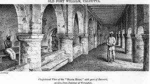 Old Fort William, Calcutta, with a Conjectural View of the 'Black Hole', with Part of the Barrack, as seen from the Interior of the Verandah by Samuel de Wilde