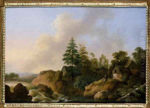 Moutainous landscape with waterfall by Otto Wagner
