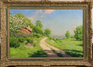 Rod Stuga, Blommande Appeltrad, Signerad Johan Krouthen by Johan Krouthen