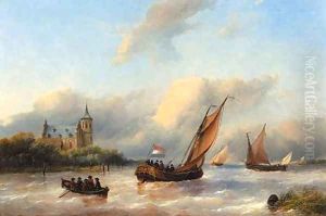 A royal barge on a choppy river with slot Loevestein in the background A royal barge on a choppy river with slot Loevestein in the background