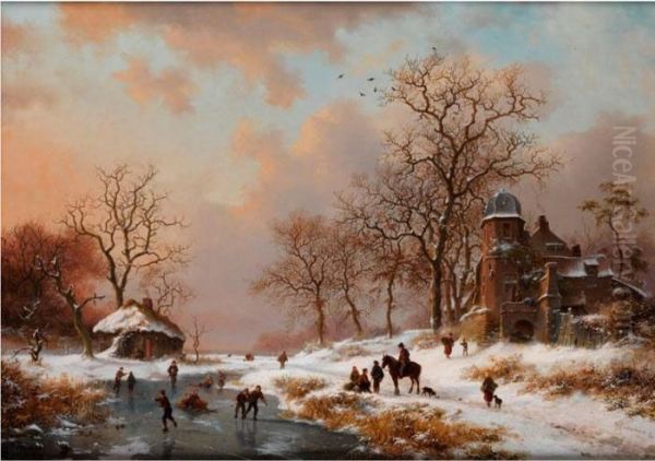 Winterlandschaft Mit Altem Villengebaude Und Eislaufern An Gefrorenem Bachlauf - view 1