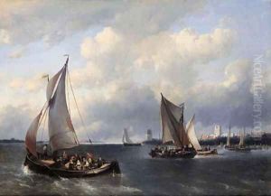 Sailing vessels on choppy water, a town in the distance by Antonie Waldorp