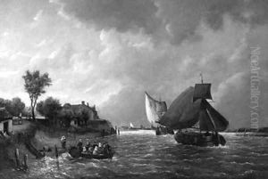 A river landscape with barges at full sail and townsfolk in the foreground by Antonie Waldorp