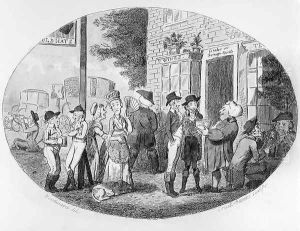 Outside the Old Hats Tavern, engraved by Isaac Cruikshank, 1796 by George Moutard Woodward