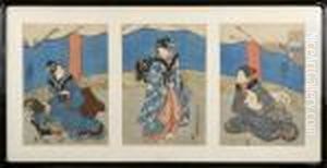 Le Combat De Coqs by Gototei Kunisada