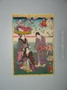 Le Prince Et Deux Femmes Avec Des Fruits De Mer by Gototei Kunisada