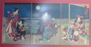 Ladies In Waiting Enjoying Cherry Blossoms And Story Of Prince Genje by Gototei Kunisada