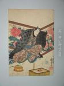 Un Homme Lache Sa Tasse Devant Un Paravent A Decor De Pivoines by Utagawa Kuniyoshi