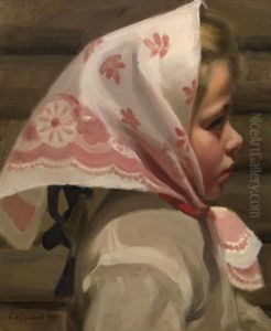 Portrait Of A Girl Wearing A Scarf by Boris Kustodiev