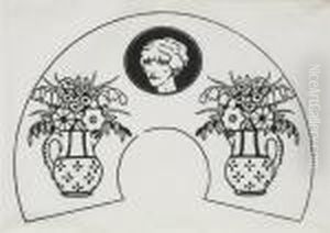 Eventail Au Medaillon Noir Et Aux Deux Pots De Fleurs