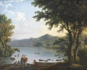 Washerwomen Conversing Before A Lake In An Italianate Landscape