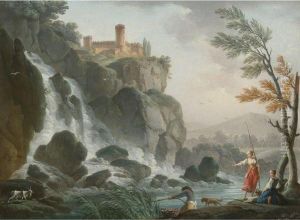 Fishing At The Edge Of A River With A Waterfall, Below Acastle by Charles Francois Lacroix de Marseille