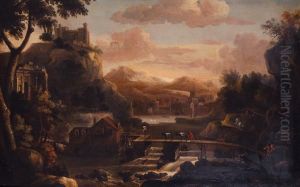 Paesaggio Fluviale Con 
Ponte,figure E Rovine Sulla Sinistra, In Lontananza Scorcio Di Paese