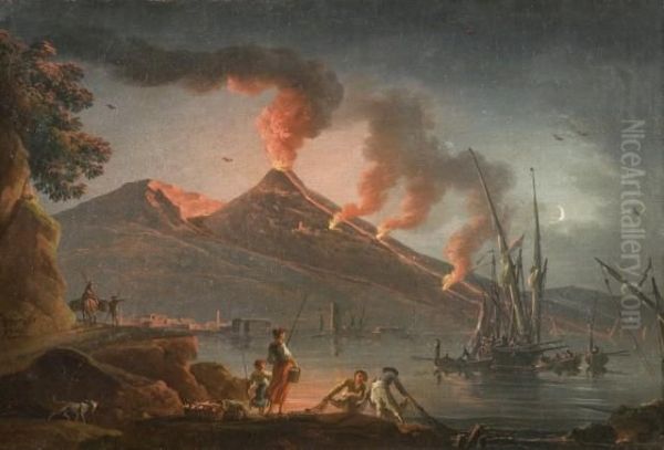 Eruption Du Vesuve De Nuit Sur Un Rivage Et Littoralmediterraneen Anime De Personnages - view 1