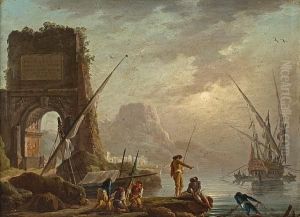Fisherfolk In A Mediterranean Port by Charles Francois Lacroix de Marseille