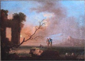 Fishermen Beside A Bay At Sunset by Charles Francois Lacroix de Marseille