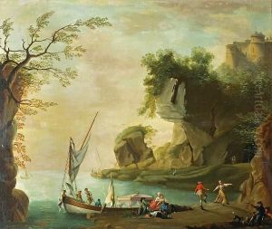 A Coastal Rocky Landscape With Figures Dancing Before A Cave