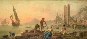 A Mediterranean Harbour With
Fishermen Hauling In Their Nets And Shipping At Anchor Beyond by Charles Francois Lacroix de Marseille