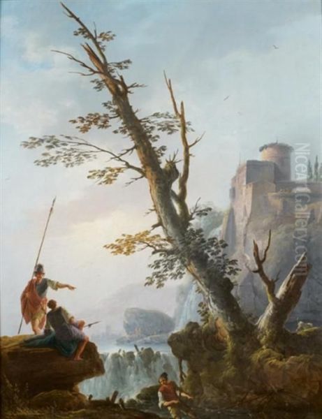 Soldats Et Pecheurs Devant Un Paysage De Cascade - view 1