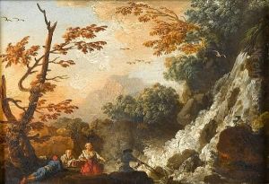 A Rocky River Landscape With Figures Restingon The Banks Before A Waterfall by Charles Francois Lacroix de Marseille