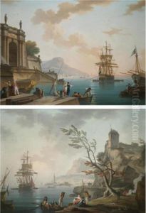 Morning: A View Of A 
Mediterranean Port At Sunrise With Figures Gathered On The Nearside 
Quay; Evening: A View Of A Mediterranean Port At Dusk, With Figures 
Unloading Cargo From A Rowing Boat Onto The Shore