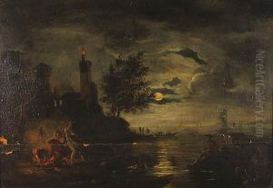A Moonlit Coastal Scene With Figures Around A Campfire In The Foreground