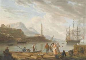 A Mediterranean Harbour Scene With Figures Conversing In The Foreground