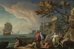 Three-master With Figures At The Coast. by Charles Francois Lacroix de Marseille