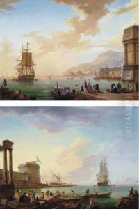 A Port Scene With Elegant Figures Embarking; A Port Scene With Fishermen Hauling Nets by Charles Francois Lacroix de Marseille