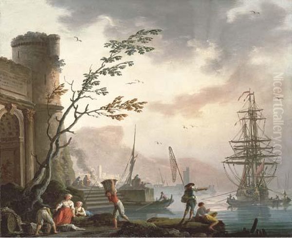 A Mediterranean Port With Fishermen On The Shore - view 1