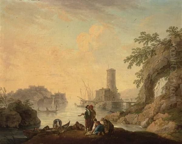 Called Lacroix De Marseille A Mediterranean Coastal
Landscape At Sunset With Fishermen In A Bay A Fortified
Tower On A Rock Beyond;
A Mediterranean Coastal Landscape With F - view 1