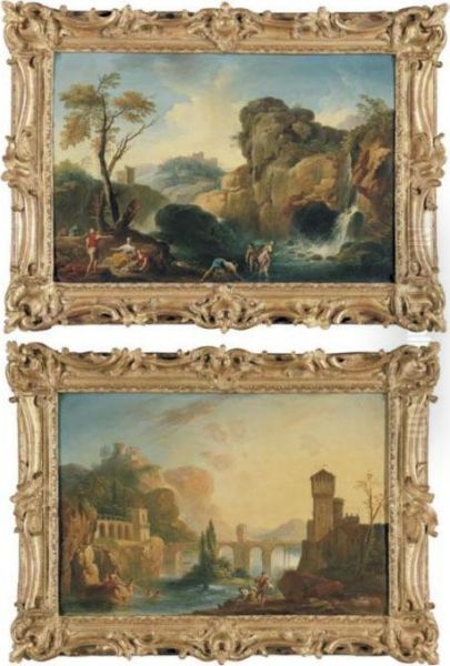 Bathers Frolicking Along A 
Riverbank With A Bridge And A Fortress Beyond; Bathers Frolicking By A 
Waterfall - view 1