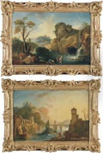 Bathers Frolicking Along A 
Riverbank With A Bridge And A Fortress Beyond; Bathers Frolicking By A 
Waterfall by Charles Francois Lacroix de Marseille