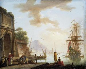 A Mediterranean Sea Port With 
Orientals Conversing Beneath An Ancient Roman Arch, A Man-o'-war At 
Anchor Beyond