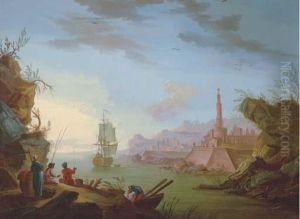 A Coastal View With Figures by Charles Francois Lacroix de Marseille