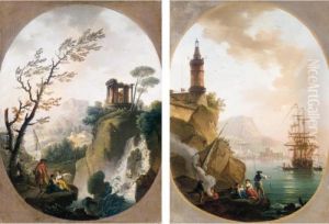 A Mediterranean Harbour With A 
Lighthouse And Fishermen In The Foreground; A Landscape With A Capriccio
 View Of Tivoli With The Temple Of Vesta And A Waterfall, Fishermen And 
Women Conversing In The Foreground