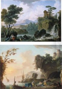 A Capriccio Landscape With
Tivoli, The Temple Of Vesta And A Waterfall, A Fisherman And Other
Figures In The Foreground; A Coastal Rocky Landscape At Sunset With
Figures Dancing Before A Cave by Charles Francois Lacroix de Marseille