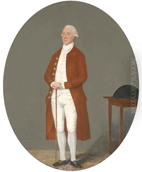 Portrait of a gentleman, full-length, in a brown coat and white waistcoat and breeches, holding a cane, a tricorn on a table beside him - view 1