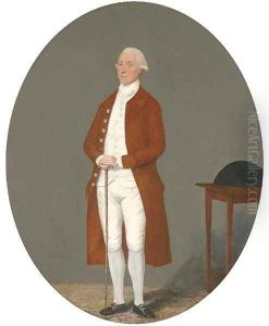 Portrait of a gentleman, full-length, in a brown coat and white waistcoat and breeches, holding a cane, a tricorn on a table beside him