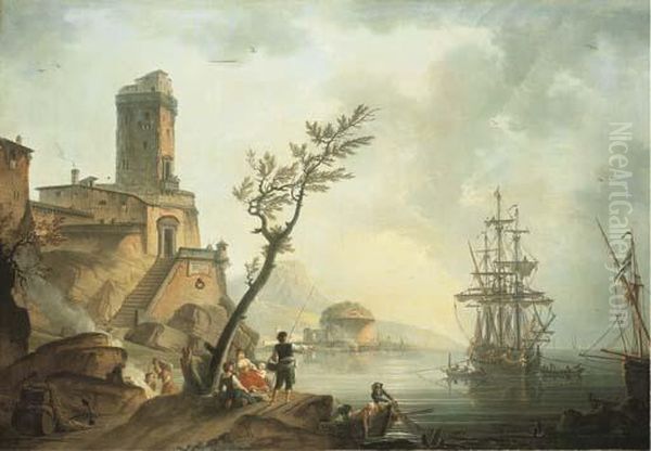 Pecheurs Et Lavandieres Sur Un Rivage Devant Une Villefortifiee - view 1