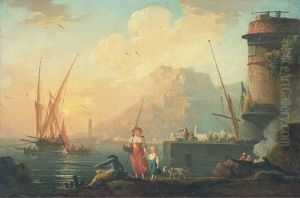 Pecheurs Au Bord De La Mer Au Soleil Couchant by Charles Francois Lacroix de Marseille