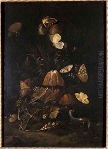 Flowers with butterflies and lizard by Johann Christian Thomas Winck