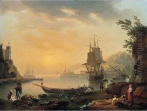 A Mediterranean Harbour Scene With Figures On The Shore, And Fisherman Launching A Boat A Mediterranean Harbour Scene With Figures On The Shore, And Fisherman Launching A Boat