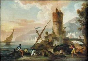 A Mediterranean Harbour Scene With Fishermen Tending Their Nets