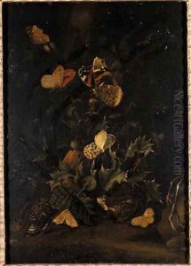 Flowers with butterflies and toad by Johann Christian Thomas Winck