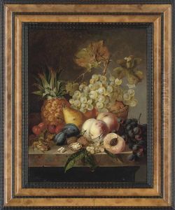 Grapes, Peaches, Cherries, Walnuts, Hazelnuts, A Pear And A Pineapple On A Ledge by Edward Ladell