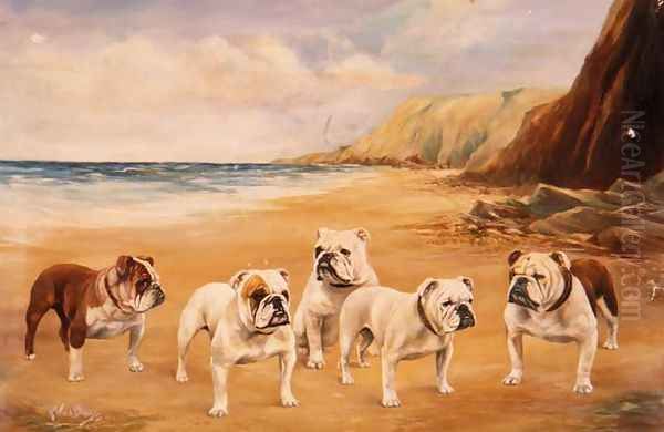 A Quintet of Bulldogs on a Beach - view 1