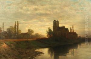 Sunset Over A Riverside Church With Figures by Lef Feliksovich Lagorio