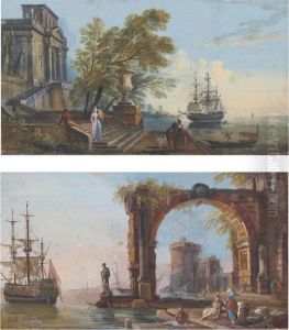 Views Of Classical Harbours, One
 With A Palladian Palace, The Other With A Tower Seen Through A Coffered
 Arch
